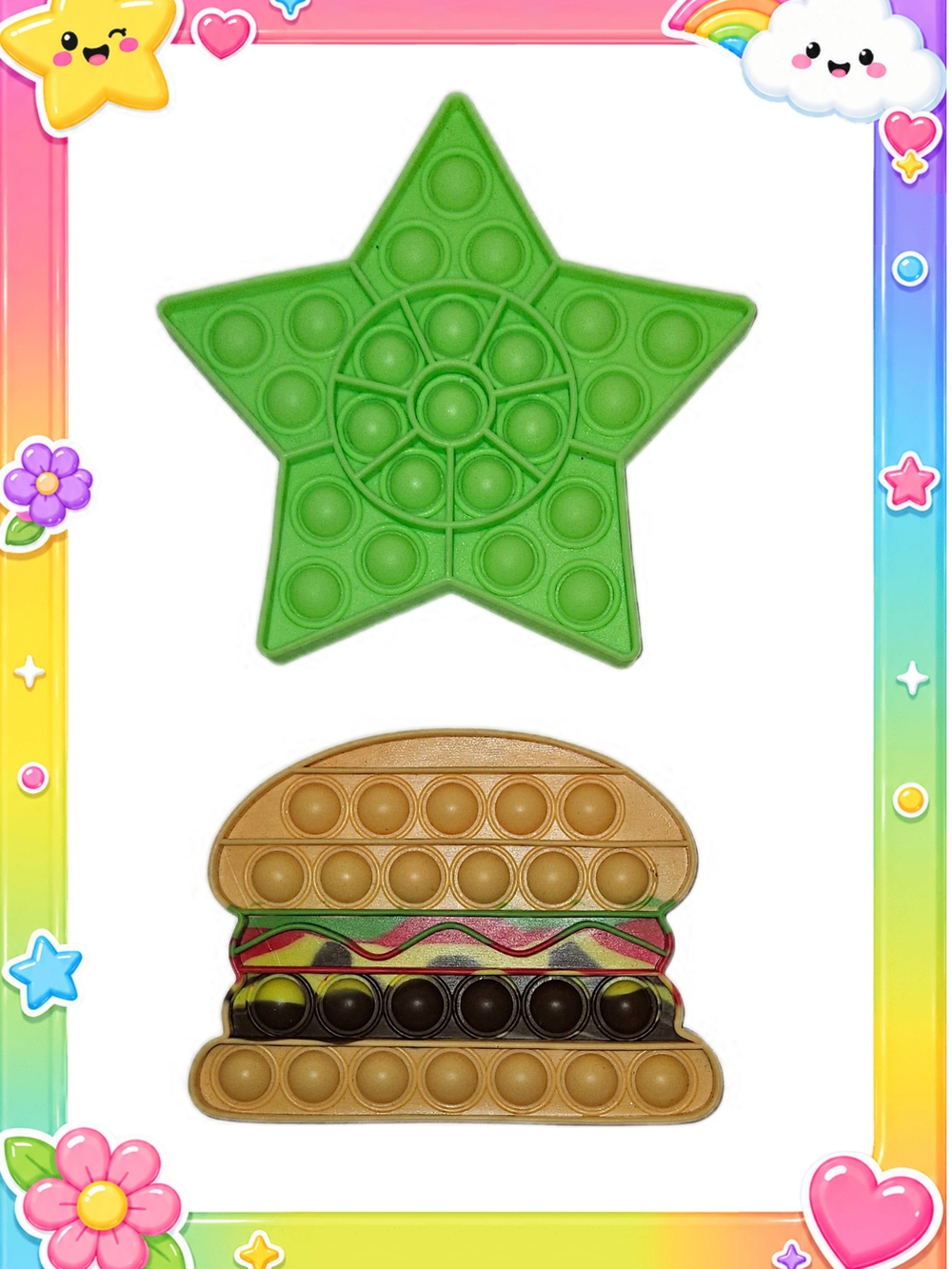 Pop-It Fidget Toys - Green Star & Brown Hamburger (Set Of 2)